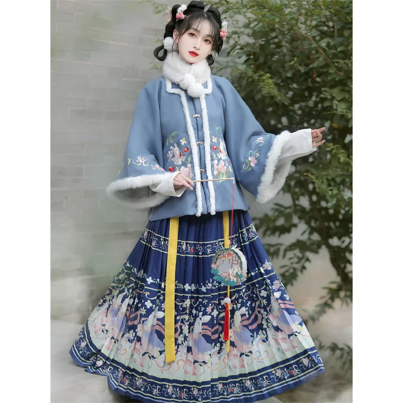 ชุด Hanfu สไตล์จีนดั้งเดิม6สี4ชิ้นชุดฤดูหนาวเสื้อโค้ทแขนครึ่งหนาแบบดั้งเดิมสีขาวเสื้อเชิ้ตกระโปรงเอวโบราณ