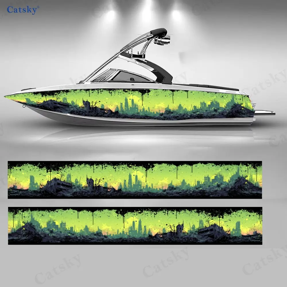 2Pcs Apocalyptic Ruined City Boat Sticker, PVC Waterproof Durable Vinyl Wrap Decals for Fishing Boat, Durable and Stylish Design