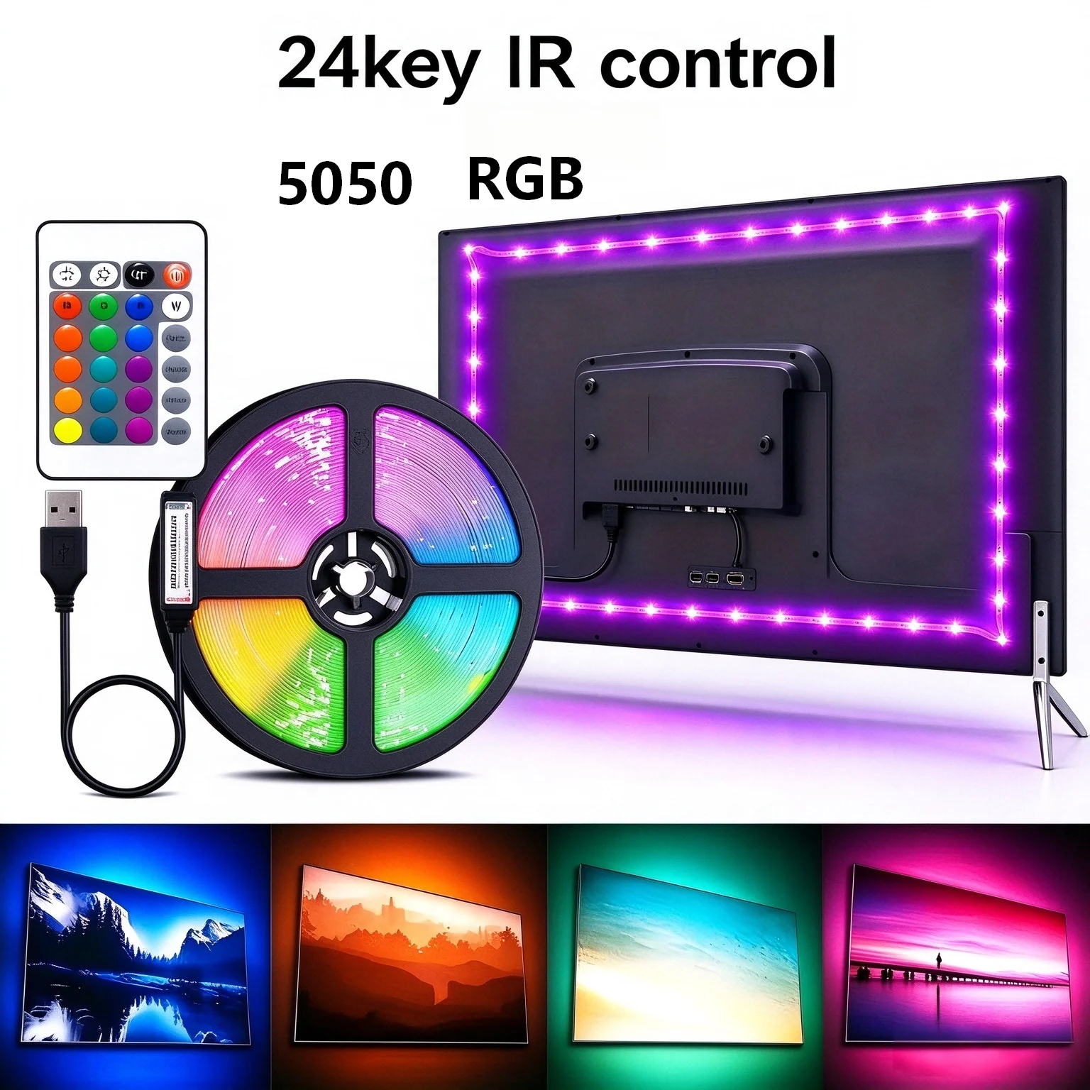 Led Light Strip with 24-Key Remote Control - Easy to Install, Color-Changing, Usb-Powered Rgb Light Strip for Home Decoration, Colorful Led Lights for Bedroom/Decoration/Kitchen/Bar/Party/Bed/Desk/Tv, Wedding Decoration, Tv Backlighting, Bedroom Ambiance, Dynamic Lighting