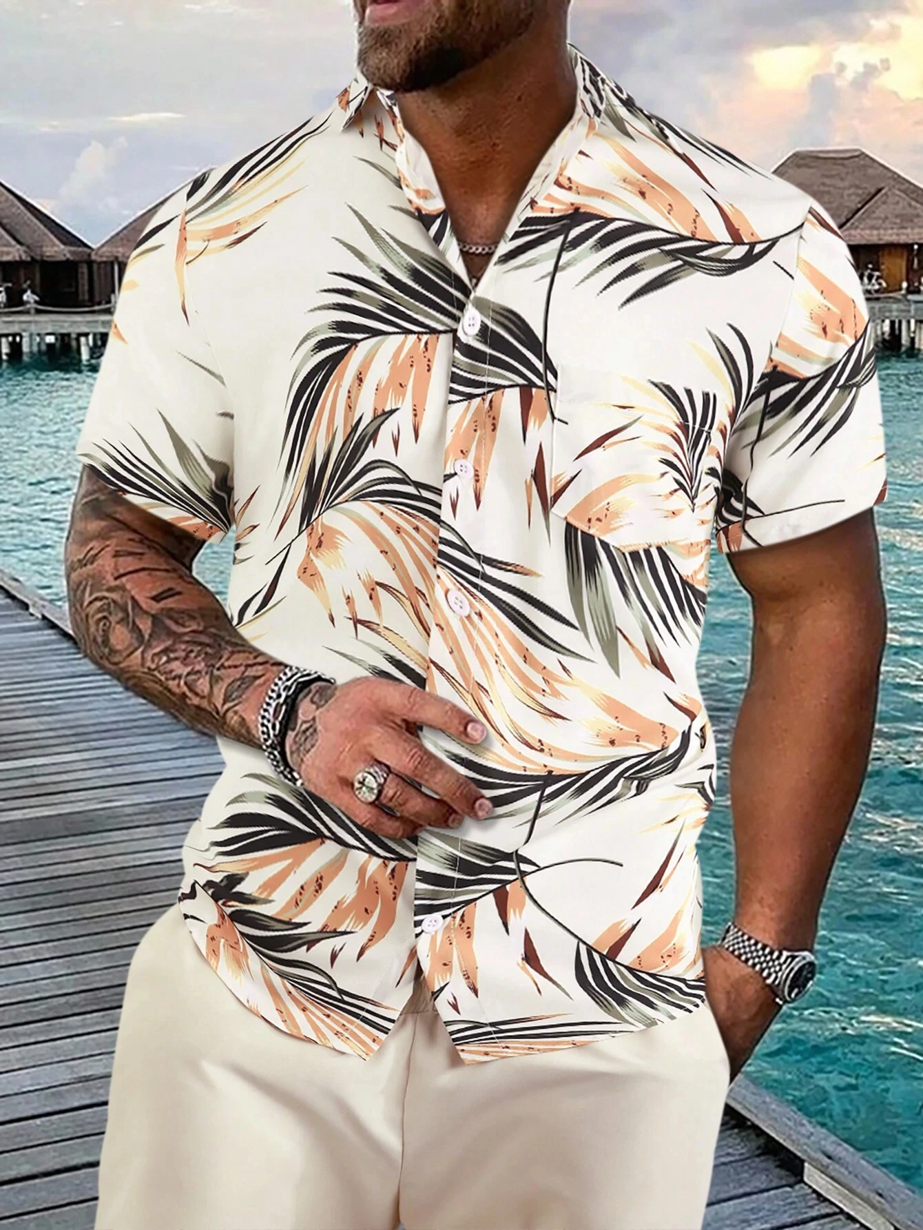 Hawaiian palm tree 3D printed men's shirt, casual and fashionable short sleeved shirt, lapel button top large unisex clothing