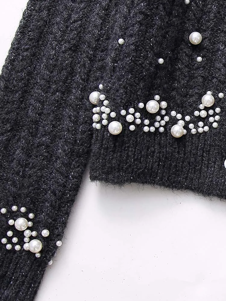 Rhinestone beading cardigan Stretch Women 2024 Spring autumn Long sleeve O-neck knitted sweater Slim Knitwear Gray INKEO 3O360