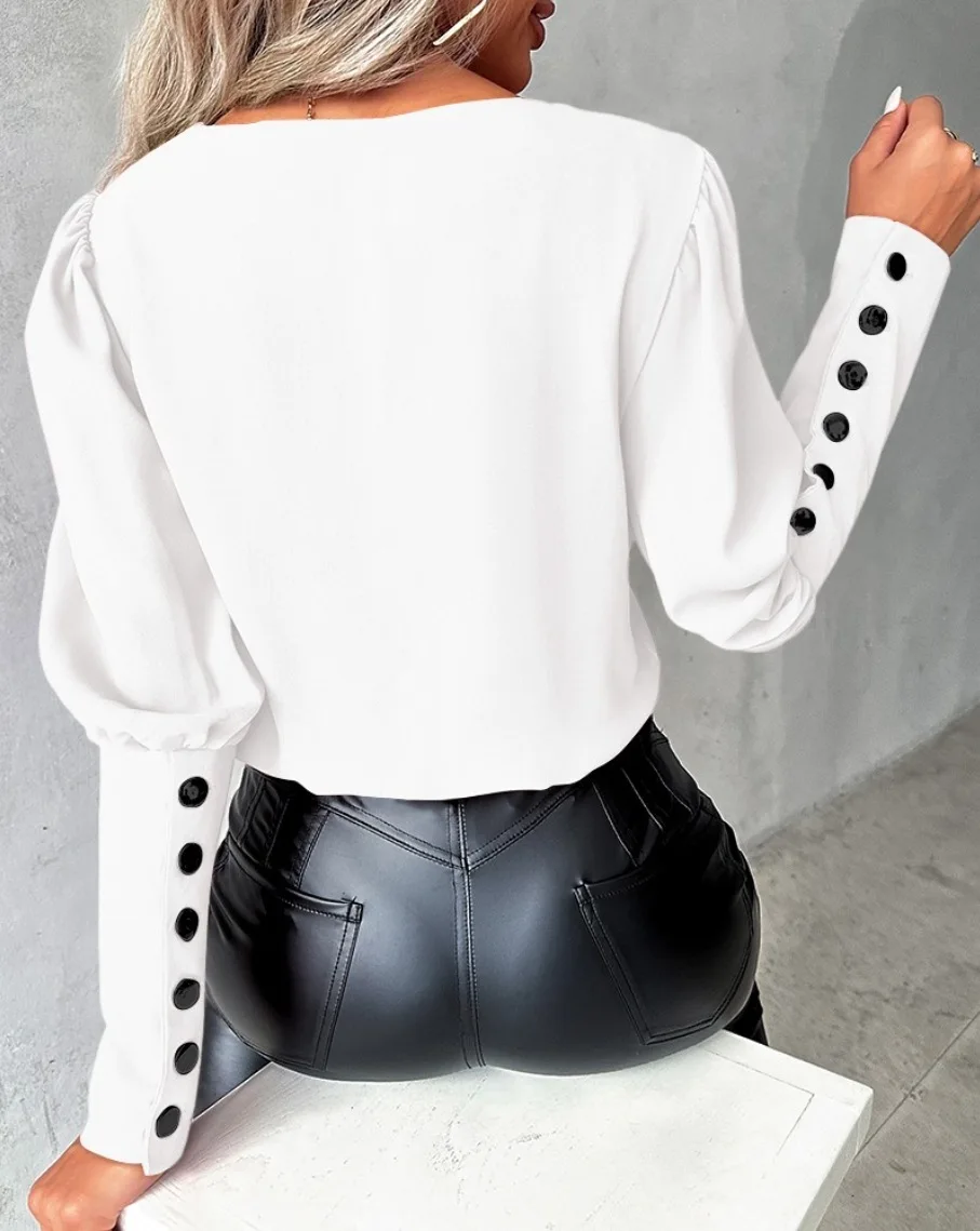 Fashion White Blouse Women 2024 Long Sleeve V Neck Casual Pullover Elegant Office Lady Patchwork Button Tops Shirts Blusas Femme