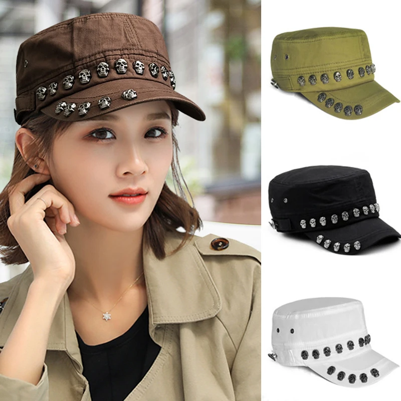 Trendy Y2K Skull Rivets Punk Flat Top Cap Men Women SunShade