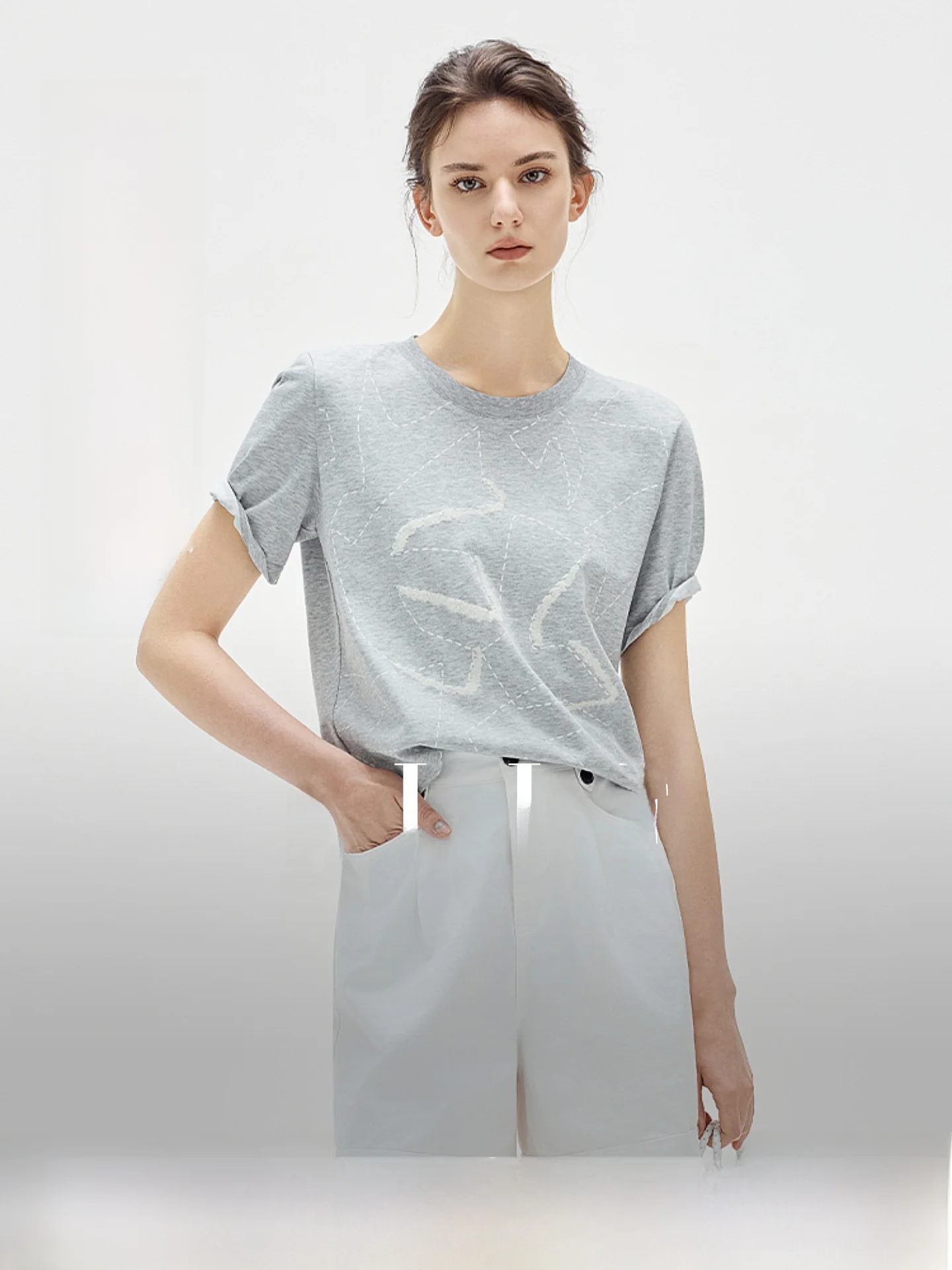

ELLE Women's round Neck Short Sleeve T-Shirt Commute Casual Summer New Style Printed High-End Feelings Shoulder Balance