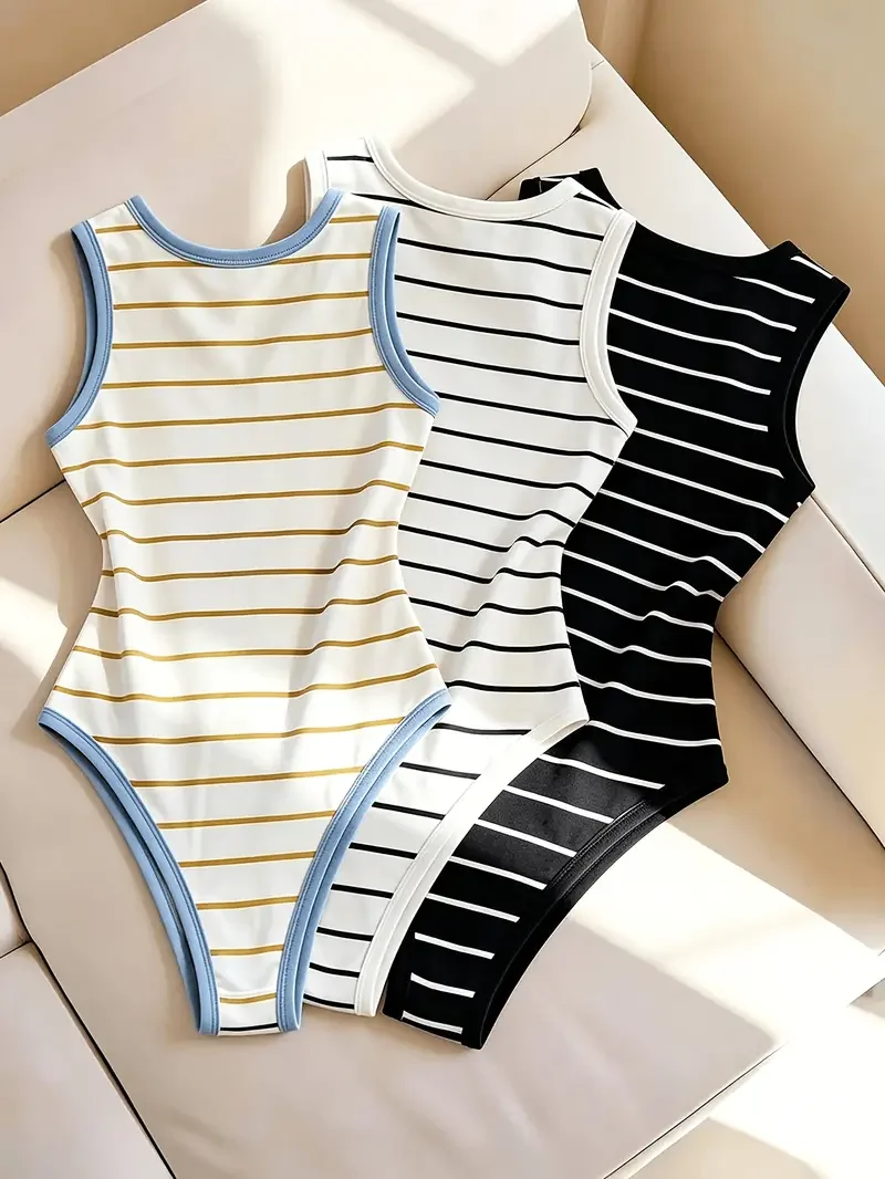 3Pcs sports  Striped Sleeveless Bodysuit Women Y2K Round Neck Ribbed Tank Top High Cut Body Suit  sports Tops & Tees  clothes