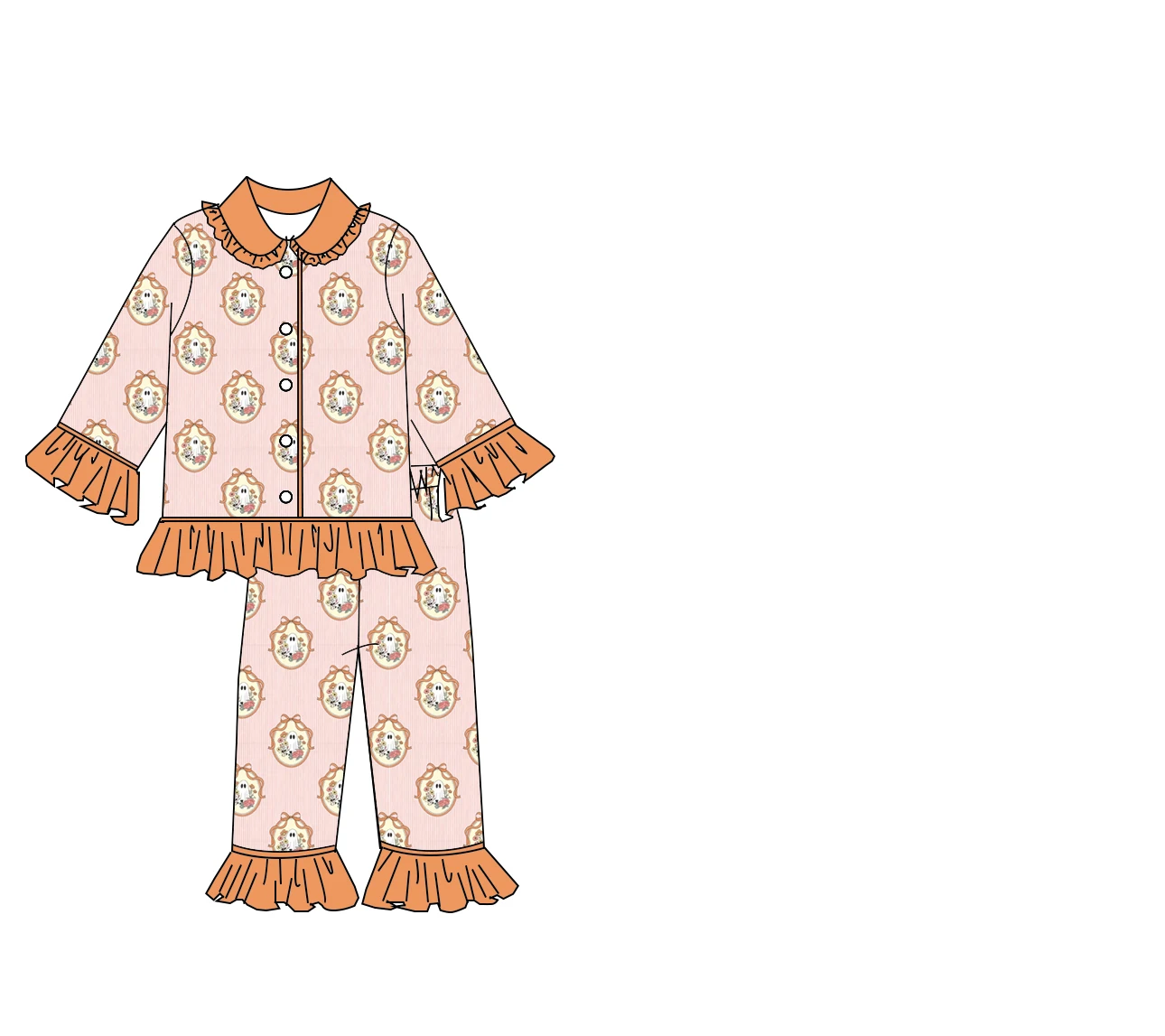 Boutique Kids Fall Halloween Pajamas Set Toddler Girls Vintage Ghost Zip Romper Short Sleeve Twirl Dress Sleepwear