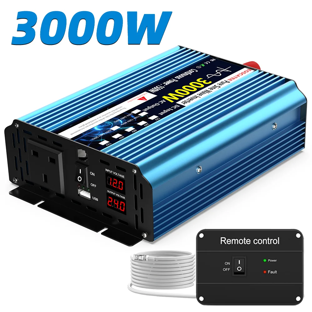 UK Pure Sine Wave Power Inverter 3000W DC 12V/24V To AC 240V Frequency Converter 50hz Solar car Inverter Transformer LED UK Plug