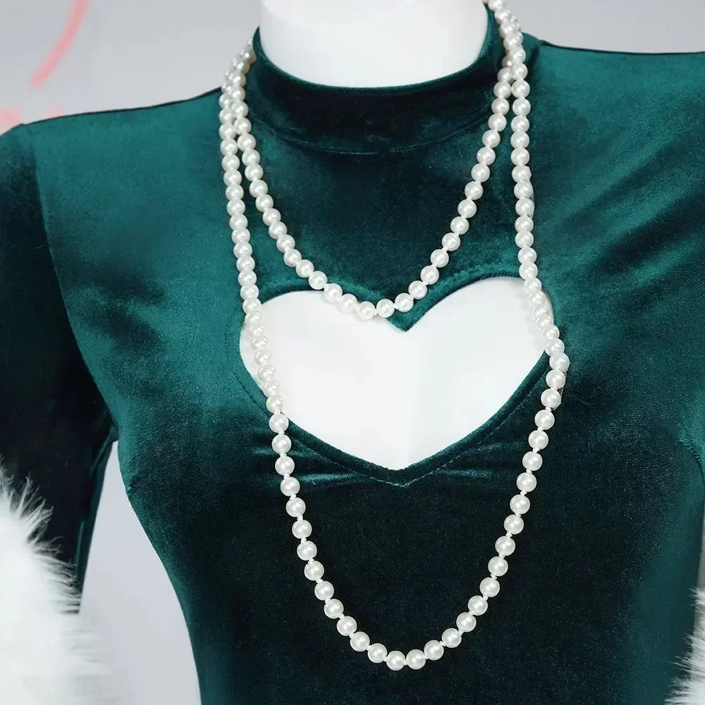 CosplayMobbunny 여성용 란제리 드레스 세트 하이 슬릿 드레스와 숄 스타킹과 목걸이 코스프레 의상