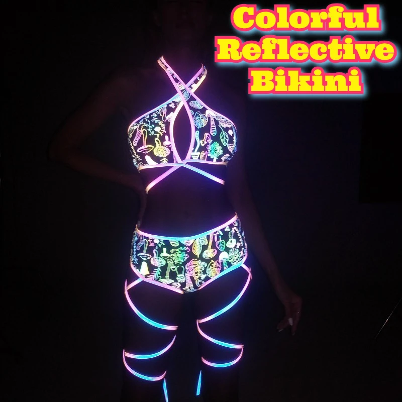 

Colorful Reflective Bikini Set Women Two Piece Swimwear Cross Back Tie Side Criss Cross Strap Club Rave Festival DJ Performance