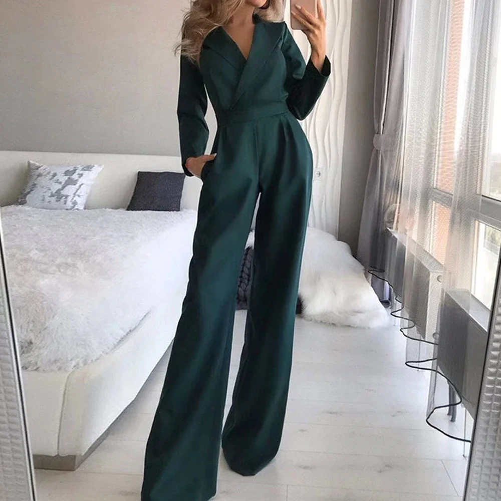 

Women's Jumpsuits 2025 All Season French Minimalist Nipped Waists Long Sleeve V-Neck Full Length Straight Jumpsuits
