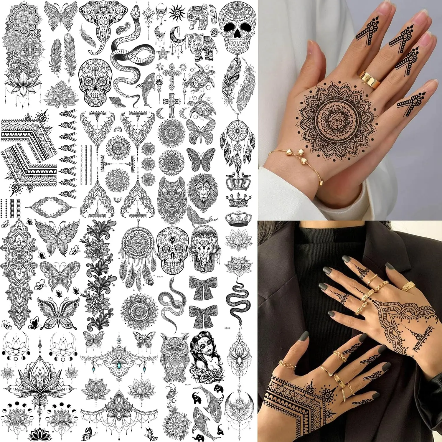 

32 Sheets 89+ PCS Black Lotus Temporary Tattoos for Women Adults, Tribal Indian Elephant Skull Snake Fake Tattoos, Bohemia Butterfly Tattoo Kit