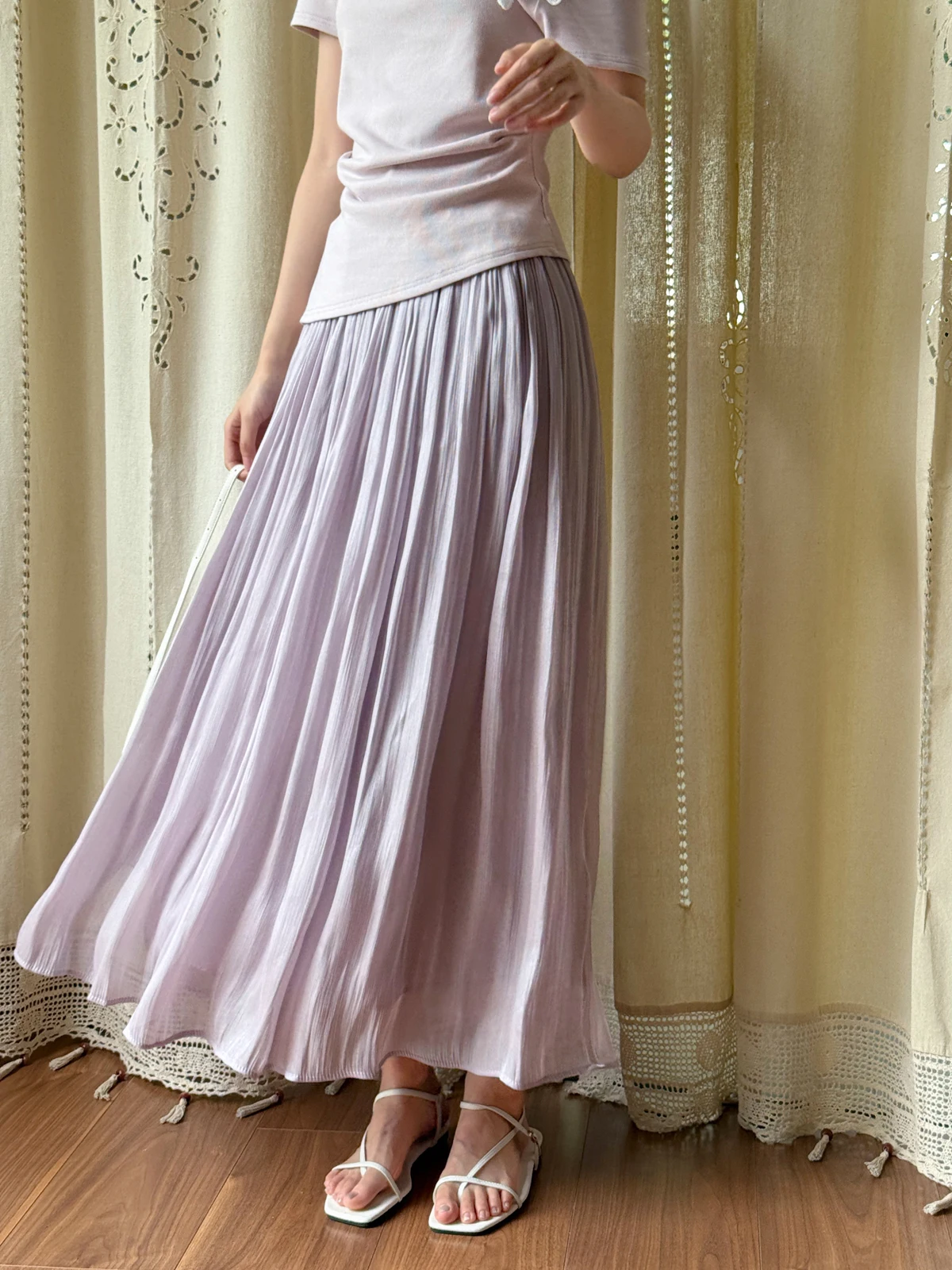 

LILI EDIT Silk Luminous Umbrella Skirt Women's Midi Pleated Gown Summer Ele Lightweight Dra Skirts Girls' Faion