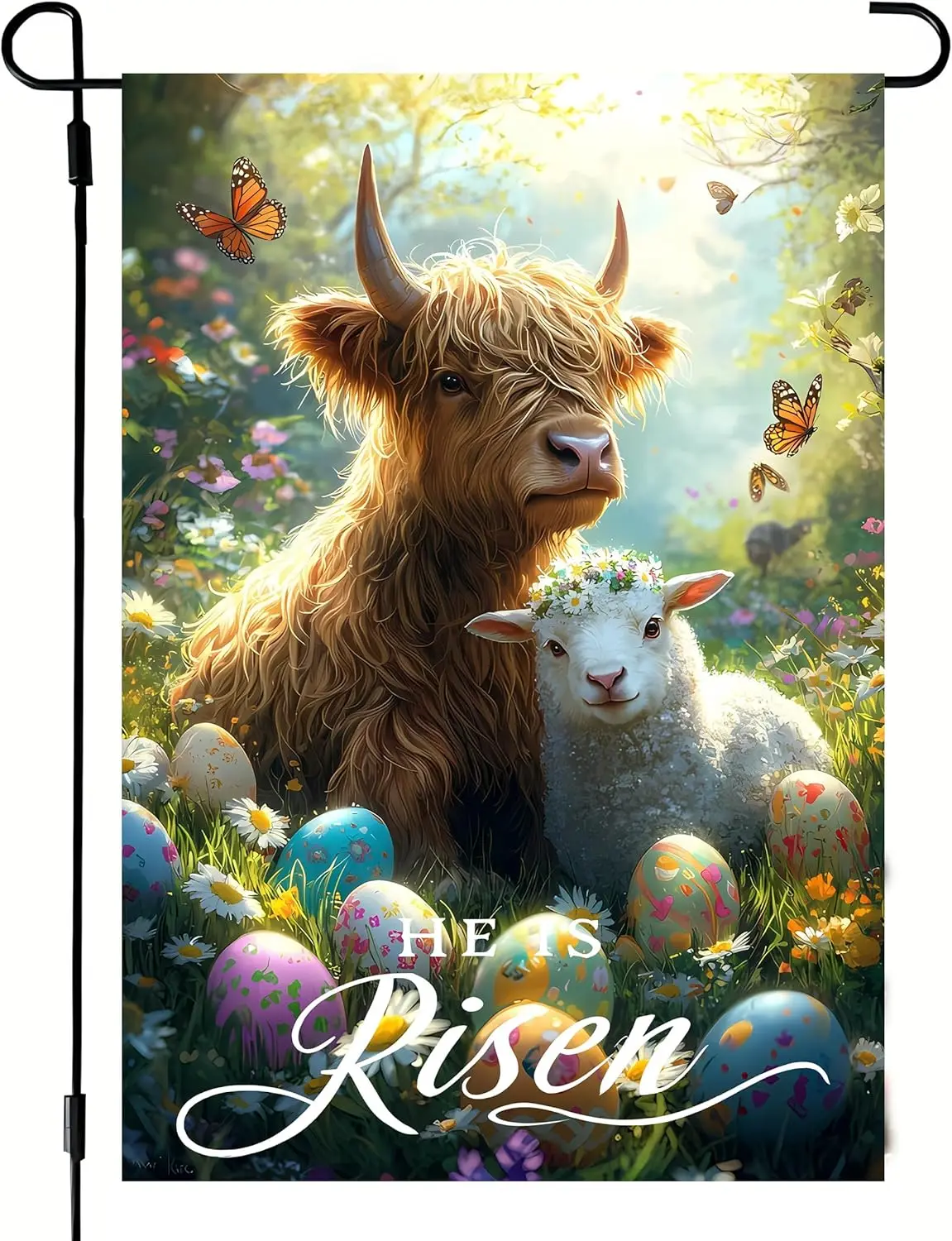 He is Risen Easter Garden Flags for Outside 12x18 Double Sided, Small Burlap Farmhouse Spring Floral Highland Cow Lamb Garde IIC