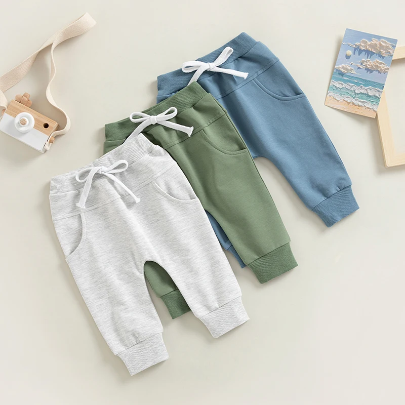 

Baby Boys Casual Spring Fall Pants Infant Baby Boys Sweatpants Elastic Waist Drawstring Solid Harem Trousers with Pockets