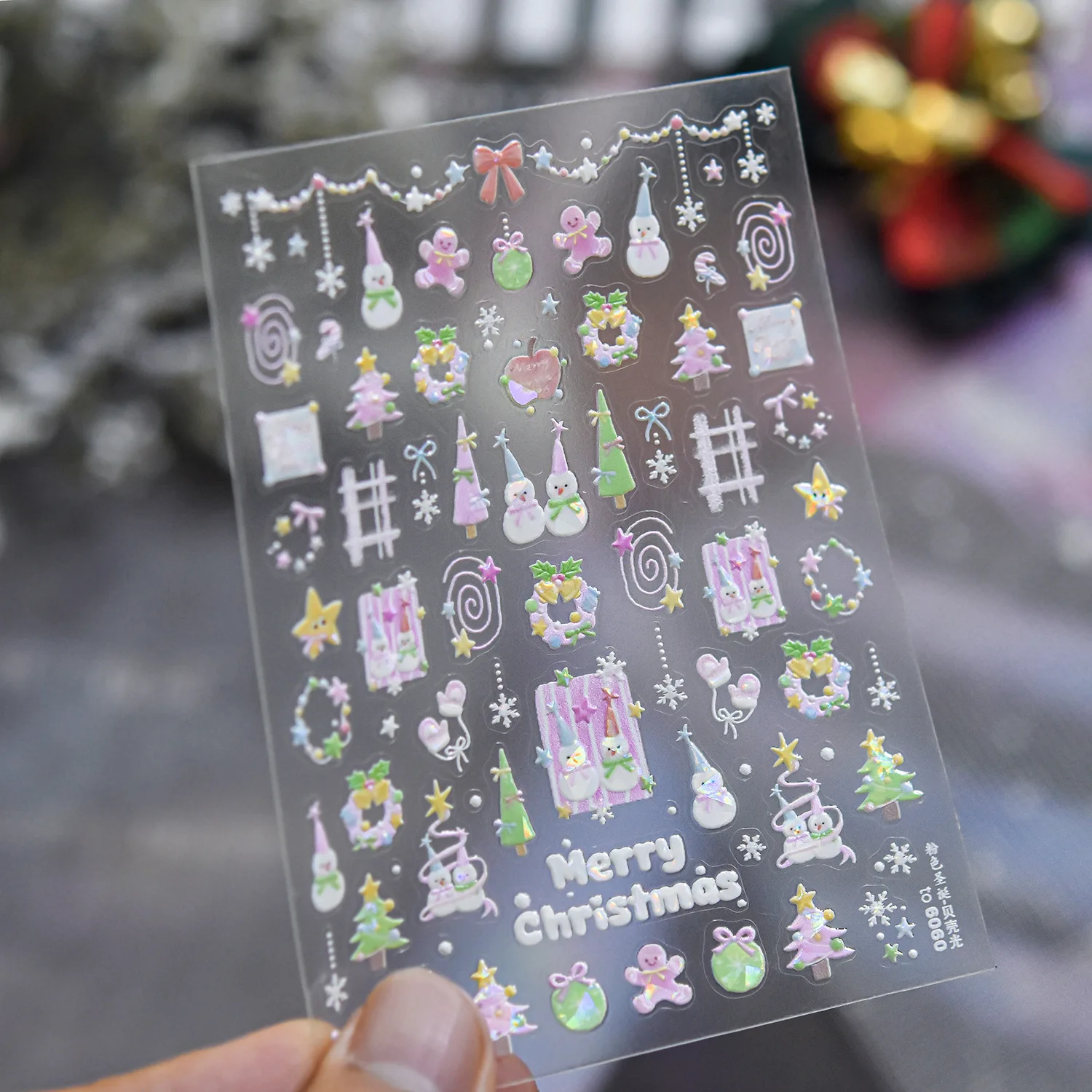 5D Christmas Nail Stickers Colorful Snowman Xmas Tree Gingerbread Man Wreath Gift Box Star Spiral Chain Lace Edge Self‑Adhesive