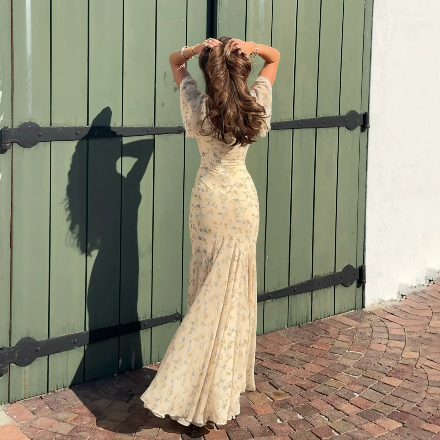 Suninbox Summer Elegant Floral Lace V-Neck Dress Ruffle Sleeve Tie Front Long Dress Garden Party Wedding Guest women view 3