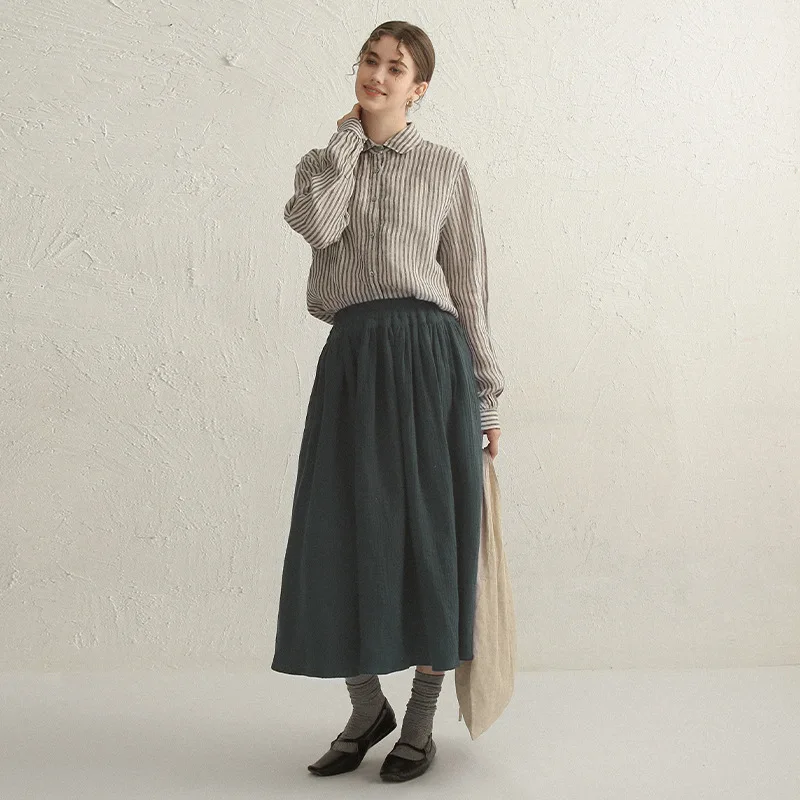 Muslin 100% Cotton Gauze Long Skirt For Women Elastic High Waist Harajuku Streetwear Maxi Skirt With Pockets Faldas Para Mujeres