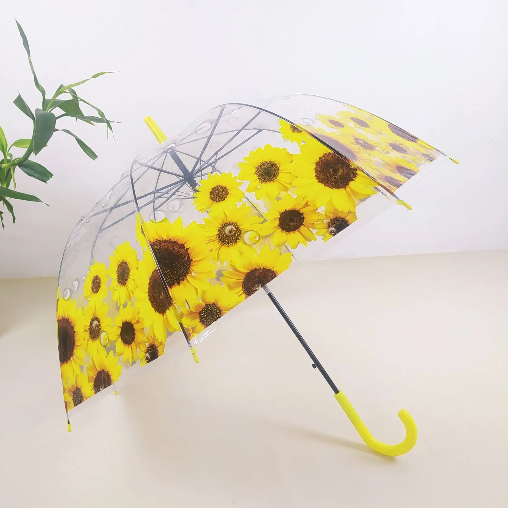 Transparent Rose Leaf Flower Umbrellas for Girls Women Long Handle PVC Mushroom Umbrella