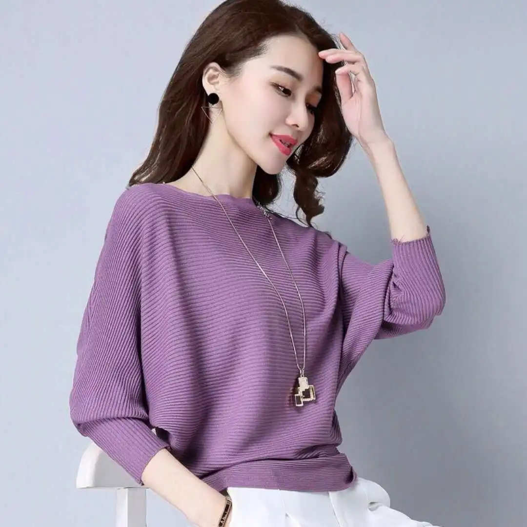 Spring and Autumn Sweaters Women\'s Bat Shirts One Line Neck Knitwear Women\'s Pullover Long Sleeve Loose Solid Color Top