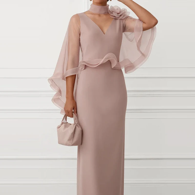 Fashion Irregular Pleated Long Dress Sexy Shawl Collar Deep V-Neck Banquet Evening Dress Elegant Solid Backless Bat Sleeve Dress