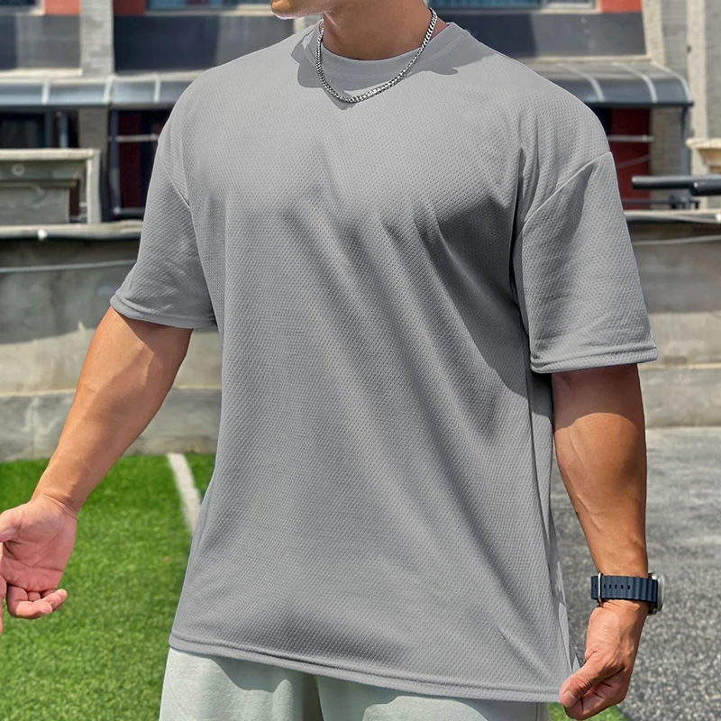 Plain Oversized Loose Mens Casual T-shirts Gym Bodybuilding Fitness Short Sleeves Tops Summer Mesh Breathable Quick Dry Shirts