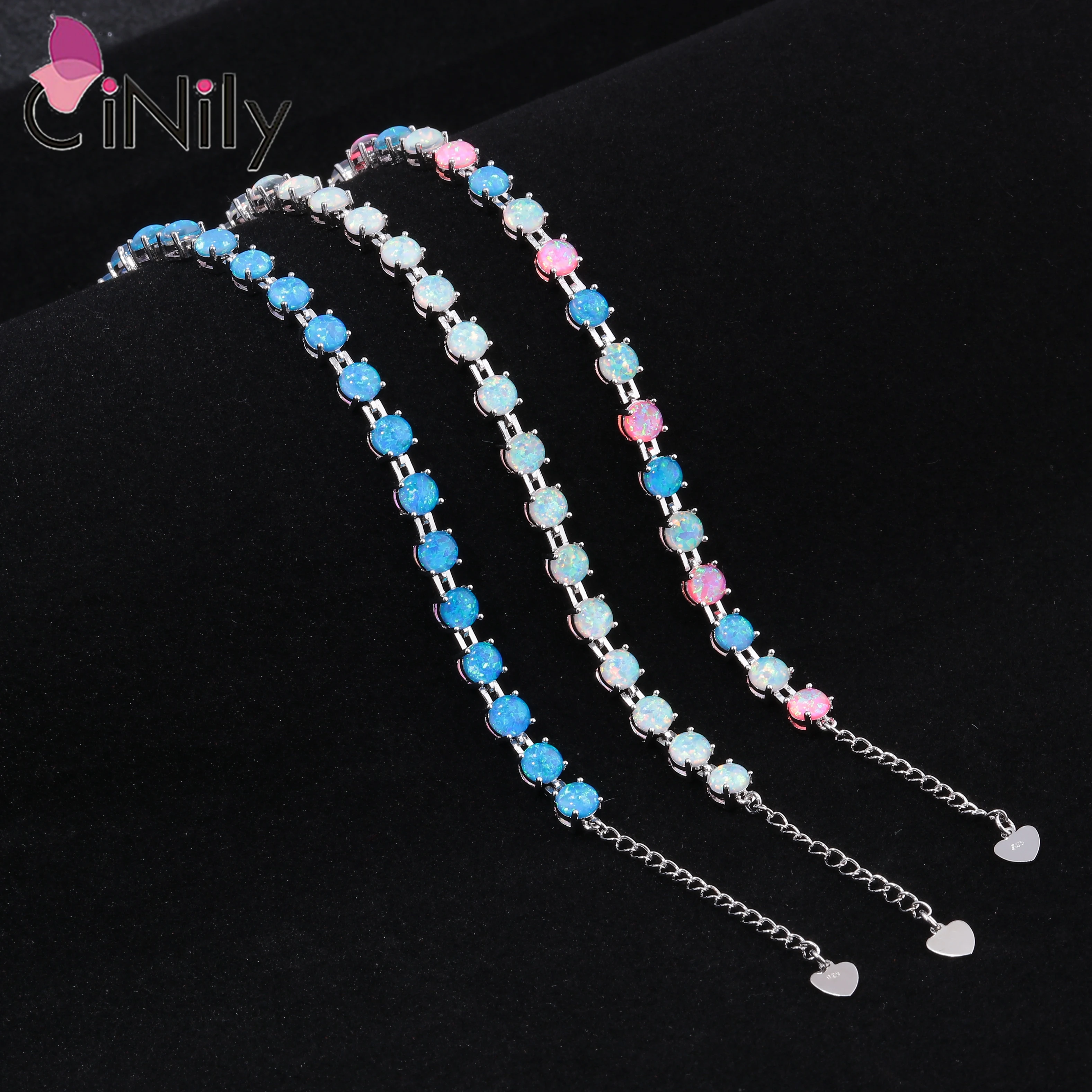 CiNily Rainbow Fire Opal Link Chain Bracelets Silver Plated White Blue Pink Stone Bohemia BOHO Jewelry Best Gift for Girl Women