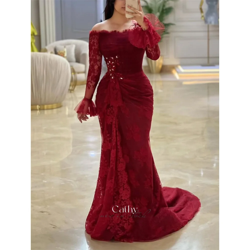 

Cathy индивидуальное бордовое кружевное платье для выпускного вечера с открытыми плечами, платье русалки с длинными рукавами, свадебные платья длиной до пола