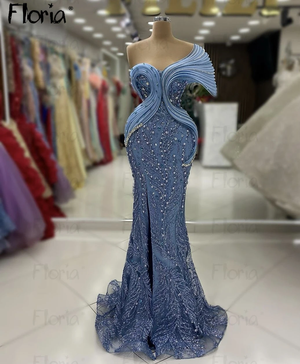 Graceful Light Blue Long Evening Dress Ruffled Off Shoulder Side Split Women Wedding Party Gowns Luxury Celebrity Gown Customze