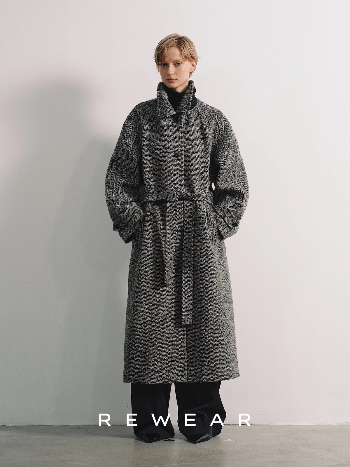 

REWEAR Retro Chic Woolen Tweed Coat A-Line Silhouette Long Sve Stand Collar Thi Winter Women's Faion Outerwear