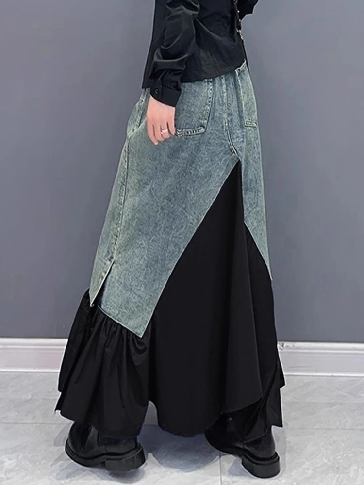 [EAM] High Elastic Waist Army Green Irregular Rruffles Denim Long Half-body Skirt Women Fashion New Spring Autumn 2024 1DH5218