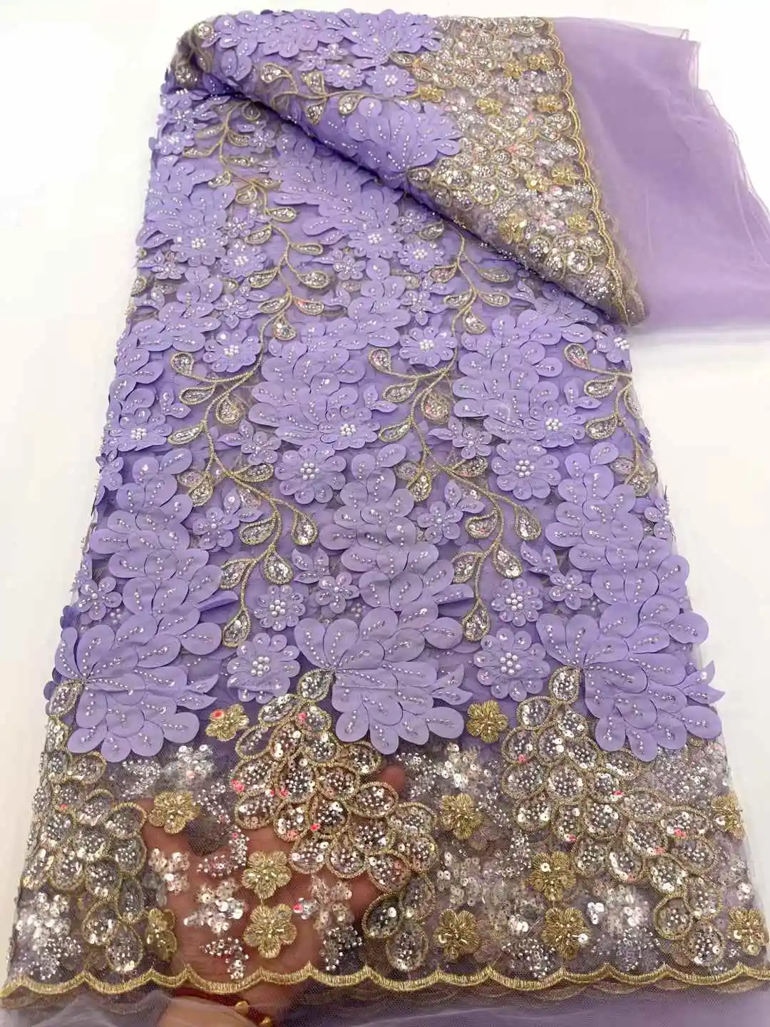 Nigerian African Lace Fabric 2025 High Quality Hamdmade Beads Bridal Lace Fabric Luxury Sequin Beaded Embroidery For Wedding