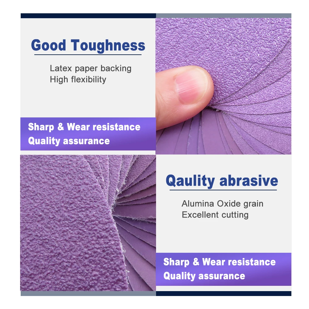 25pcs 5 Inch125mm 8 Holes Sanding Discs Purple Film Orbital Sander Hook and Loop Wet Dry Sandpaper Assorted with Interface Pad