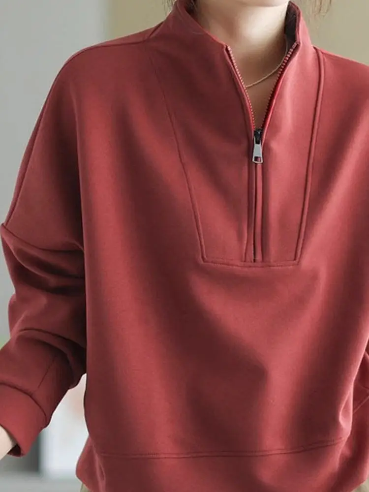 Plus size camisa feminina outono inverno novo sle zíper gola solta emagrecimento topo coreano sle casual cintura alta