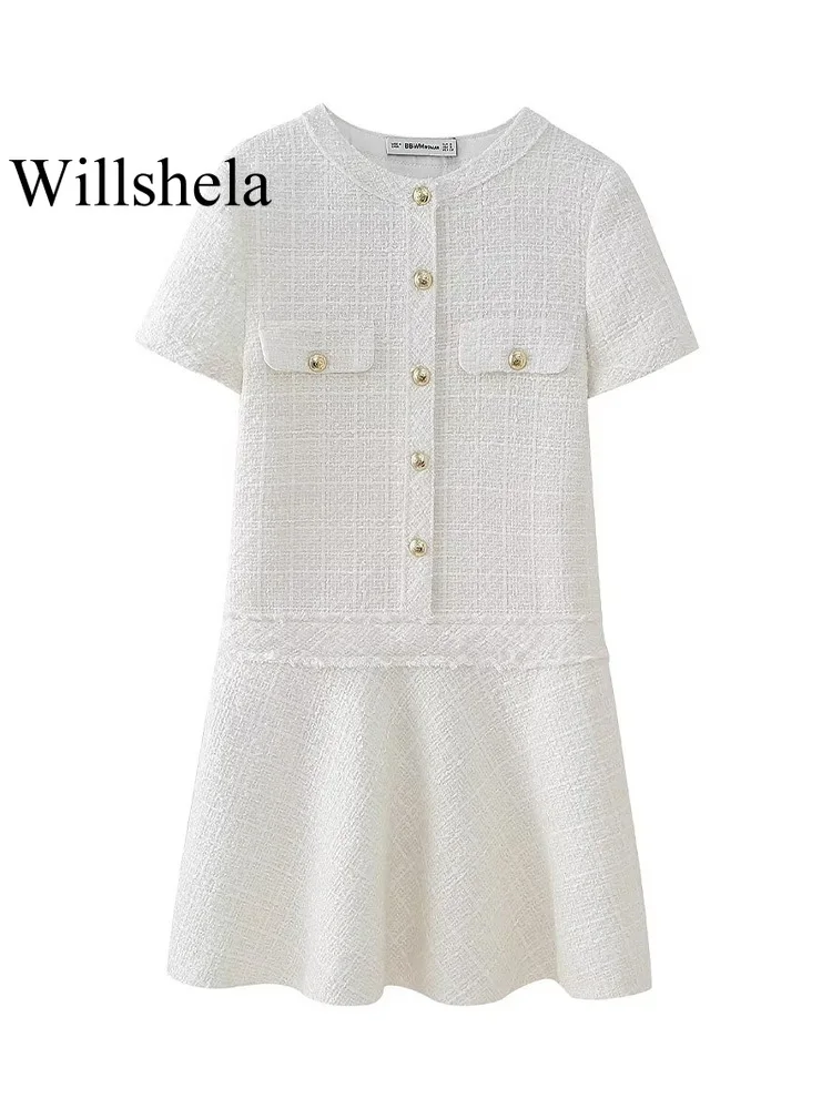 Willshela Women Fashion With Pockets White Single Breasted Mini Dress Vintage O-Neck Short Sleeves Female Chic Lady Dresses