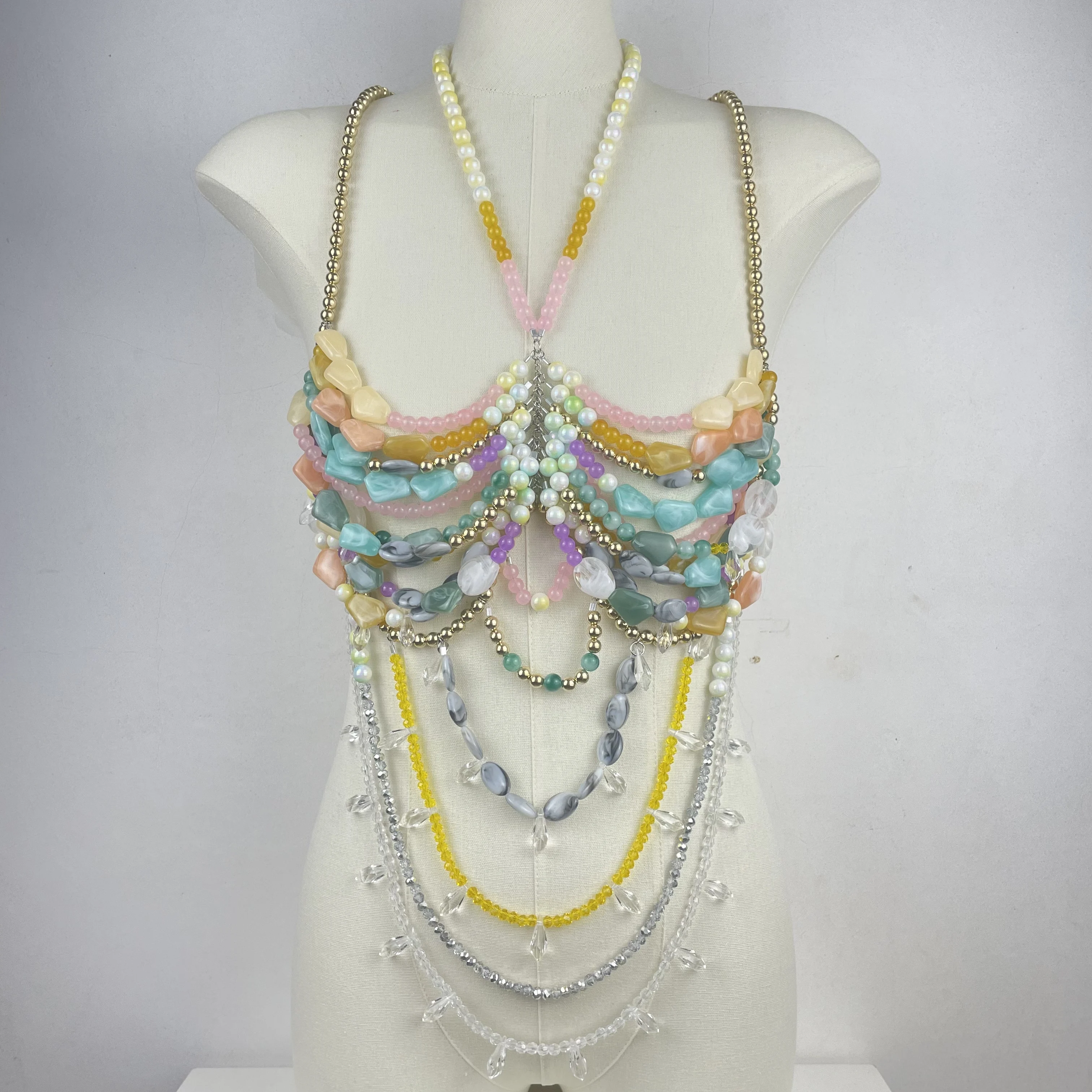 

New Colorful Gemstone Backless Chain Vest Bohemian Handmade Beaded Halter Neck Vest Sexy Beach Party Vacation Outfit