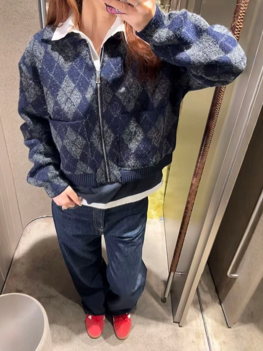 

Women's Zipper Texture Knitted Pilot Jaet Diamond Pattern Casual Sle Long Sve Cardigan Coat Comfortable Soft Fabric