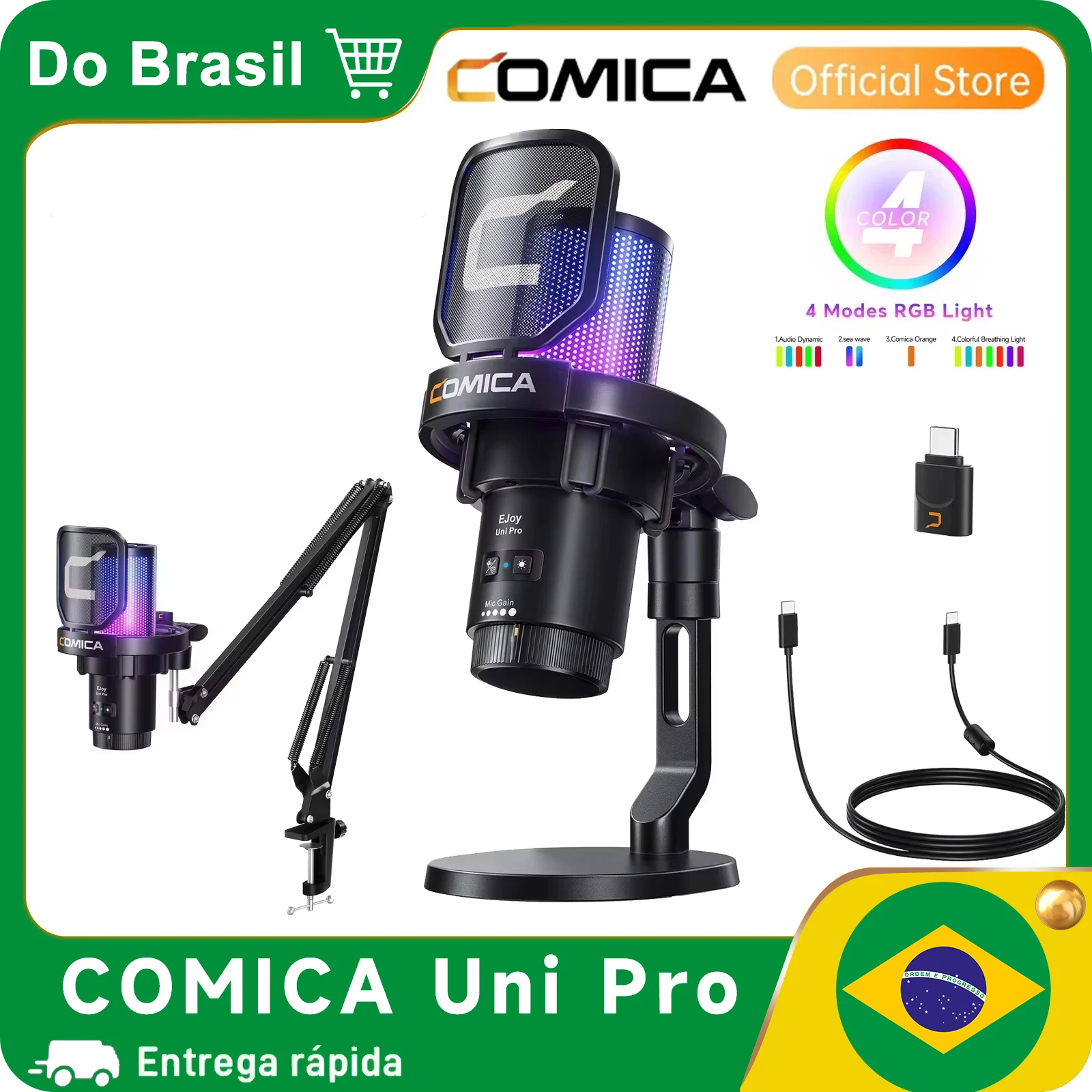 COMICA EJoy Uni Pro Microfone USB sem fio com receptor USB C, microfone condensador RGB para streaming/podcasting/gravação, micr