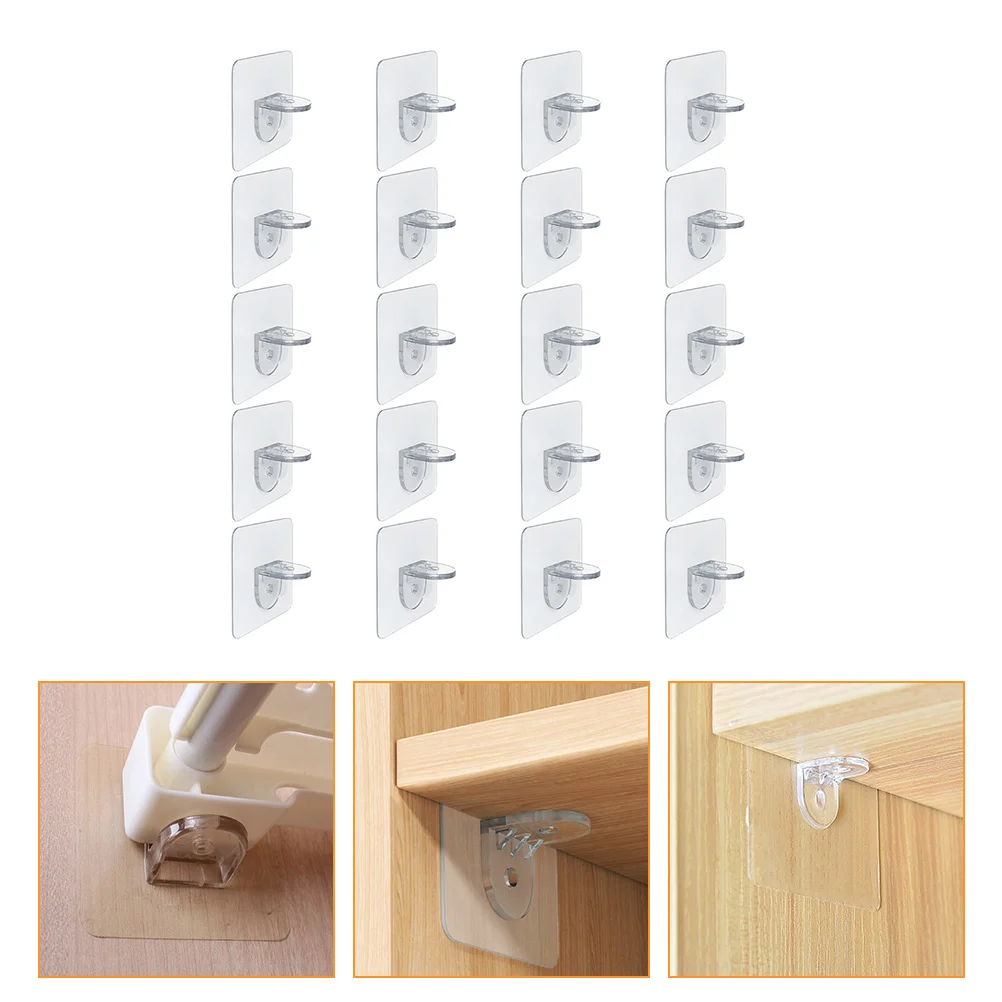 

20Pcs Transparent Nail-Free Shelf Support Pegs Adhesive Plastic Brackets for Wardrobe Cabinet Closet Partition Divider Holders