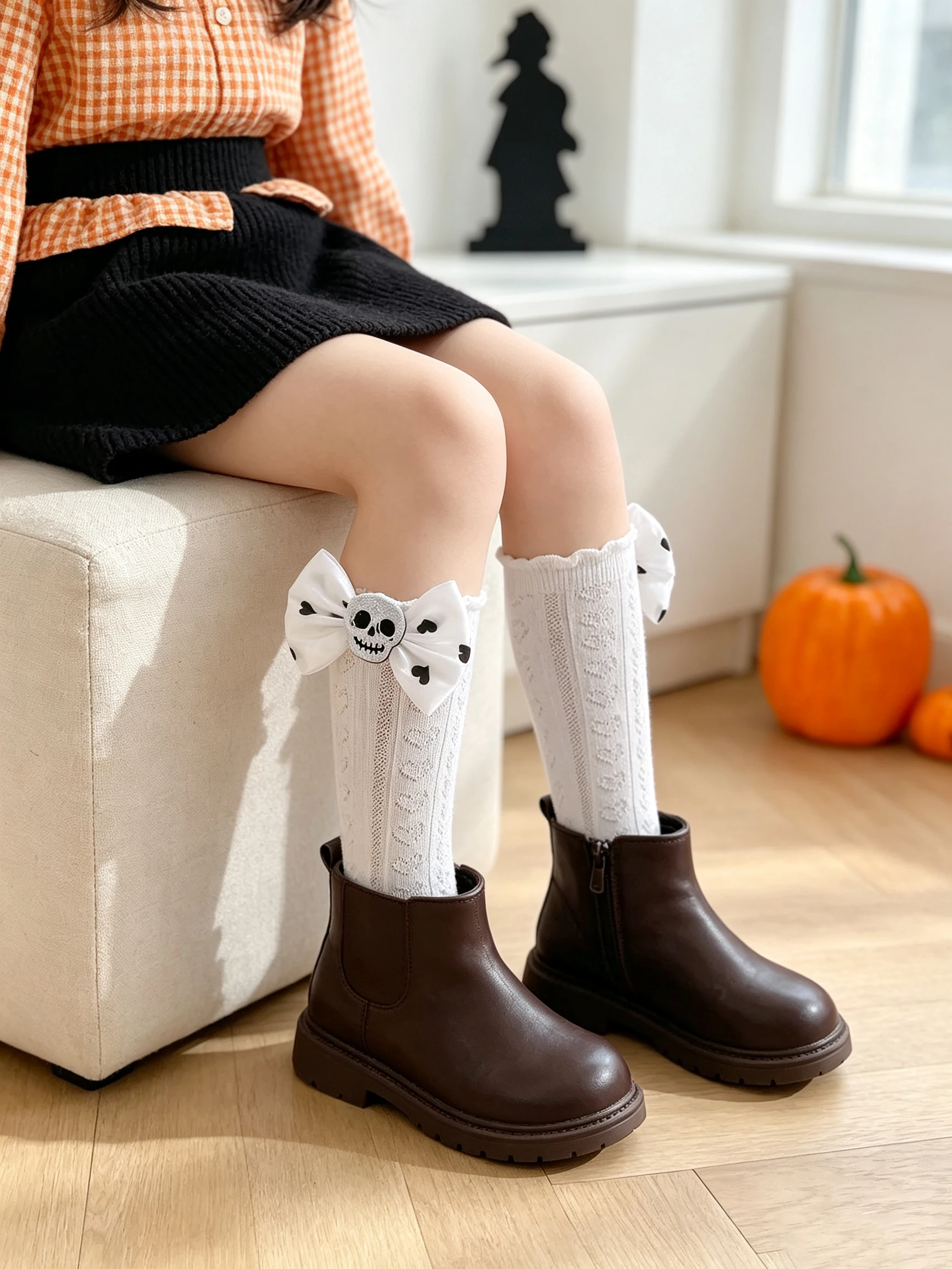 1Pair Kids Knee‑High Socks Cute Ghost Ornament Bow Decor No‑Heel Straight Tube Socks Girls Calf Socks For Holiday Party Dress‑up