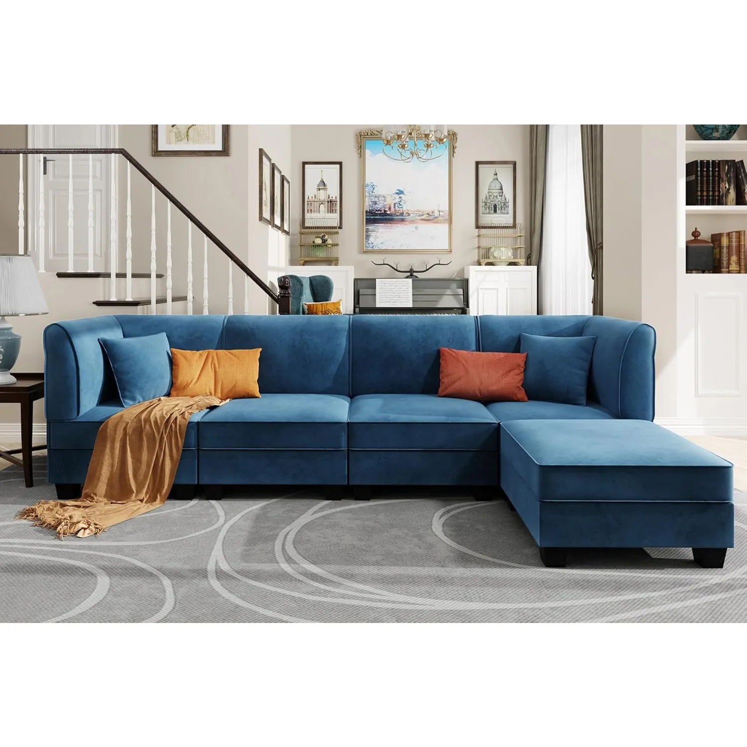 

5 Pieces Modular Sectional Sofa Couch w/ Reversible Chaise 116" Velvet L-Shaped 4-seat Large Ottoman , Upholstered Cushion