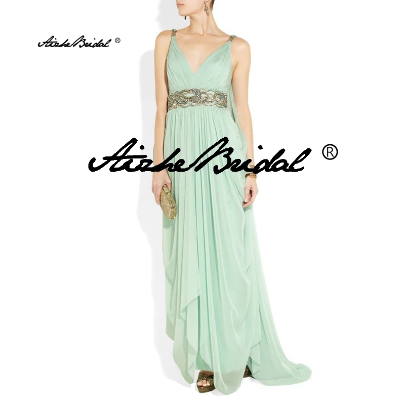 Vestidos de fiesta de gasa largos sin espalda con cuello en V Vestidos de noche con cuentas doradas, vestidos de noche formales