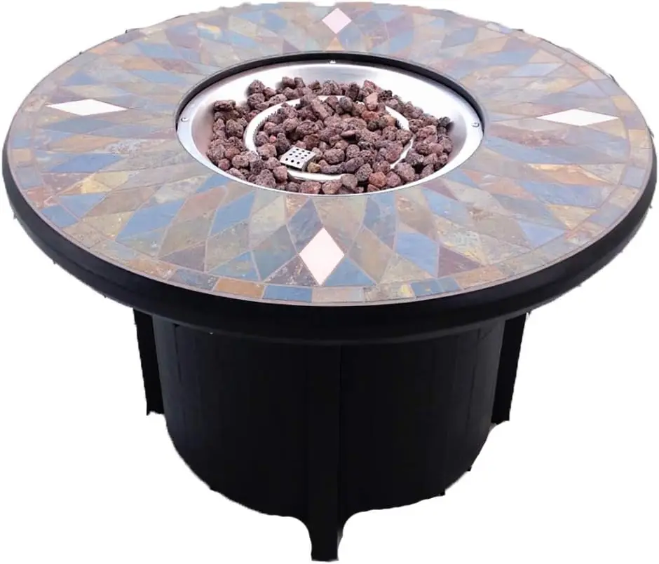 

Pebble Lane Living, Sudbury Round Fire Pit Table, 42" W x 27.5" H, Slate with Matte Black Frame and Mosaic Tiles, 50,000 BTU Pro