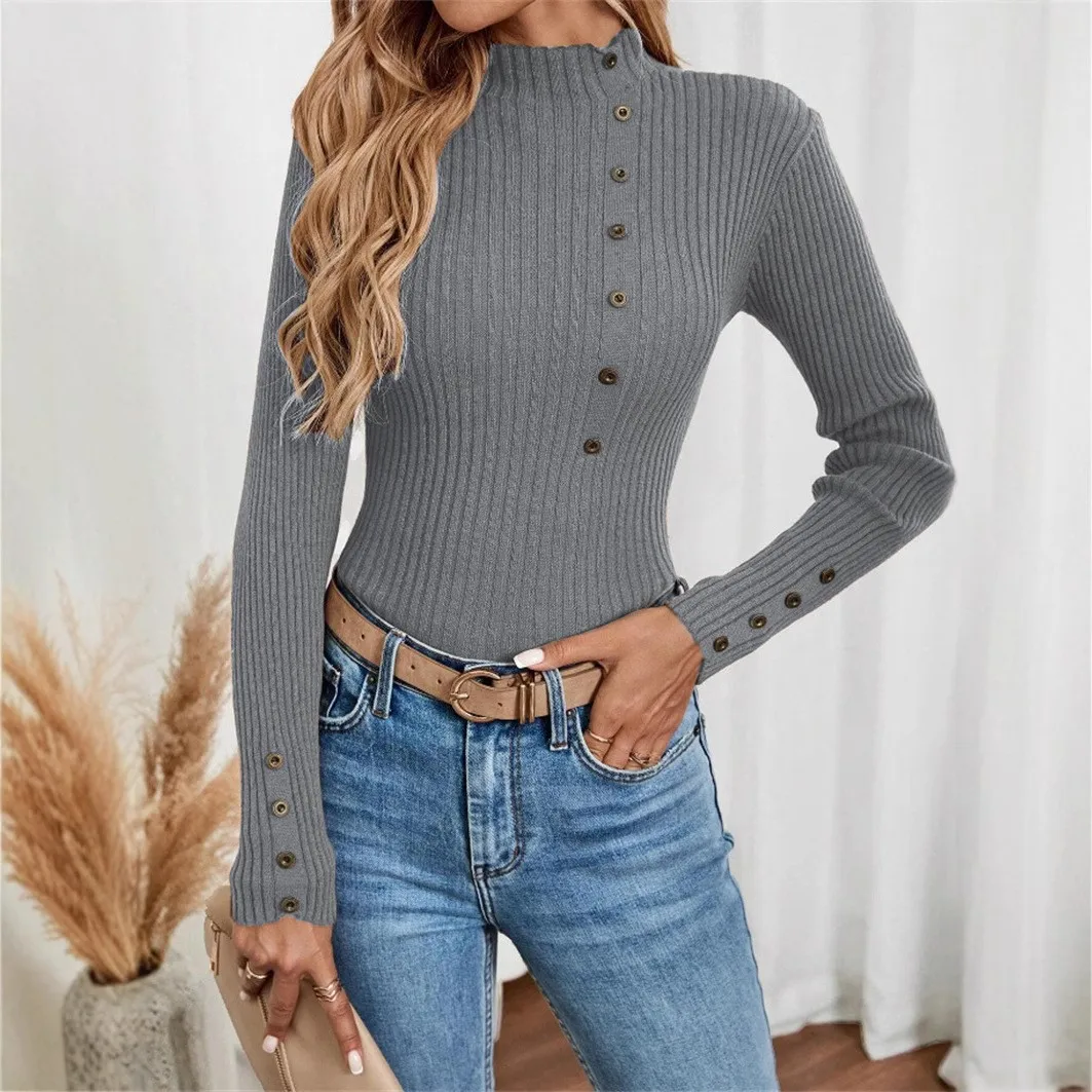 Elegant Women's Sweater Pullover Button Up Long Sleeved Knit Inner Layer Sweters Mujeres Tricot Feminino Топ С Длинными Рукавами