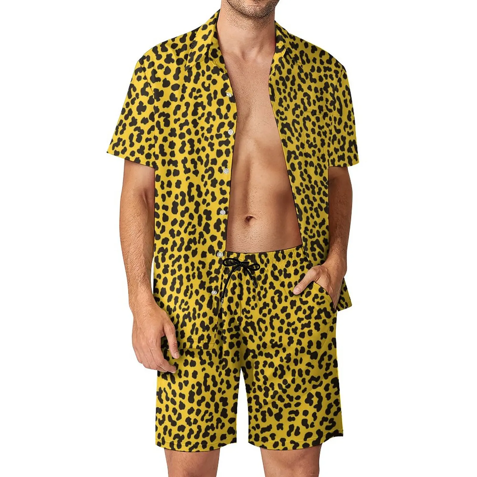 

Костюм пляжный мужской из 2 предметов, желтая Повседневная рубашка и шорты с графическим принтом, в винтажном стиле 80-х, модный костюм с леопардовым принтом, большие размеры, на лето