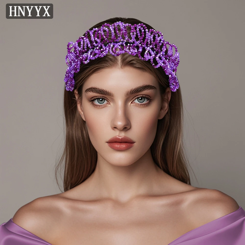 HNYYX European Style Luxury Crystal Headband Bridal Wedding Purple Rhinestone Beaded Head Hoop Girl Ladies Hair Accessories A168