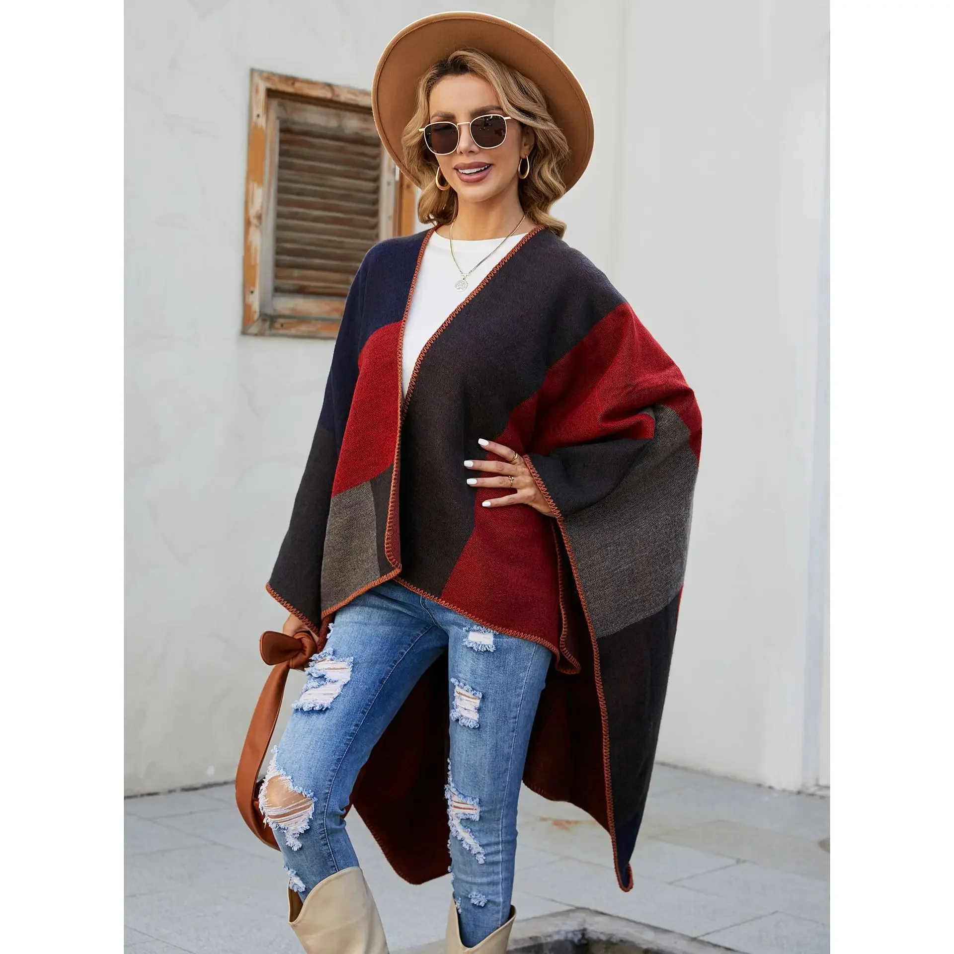 

40 Colors Autumn Plaid Printed Thick Blanket Warm Faux Cashmere Loose Poncho Capes Women Long Split Out Streetwear Shawl Cloak