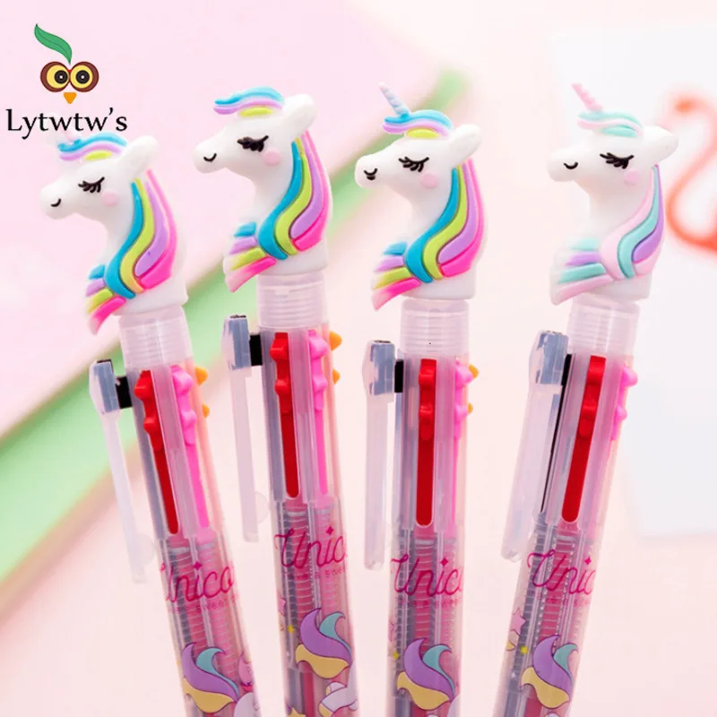 1 Piece Lytwtw's Cute Ballpoint Pen Press Multicolor Unicorn 6 in 1 Colors Stationery School Office Supply Creative Gift