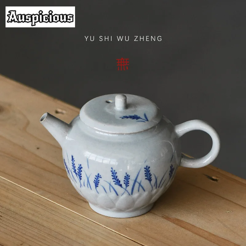 160ml Underglaze Colored Blue and White Teapot Aesthetic Ear of Wheat Pot Household Tea Soaking Kettle with Filter Tea Services