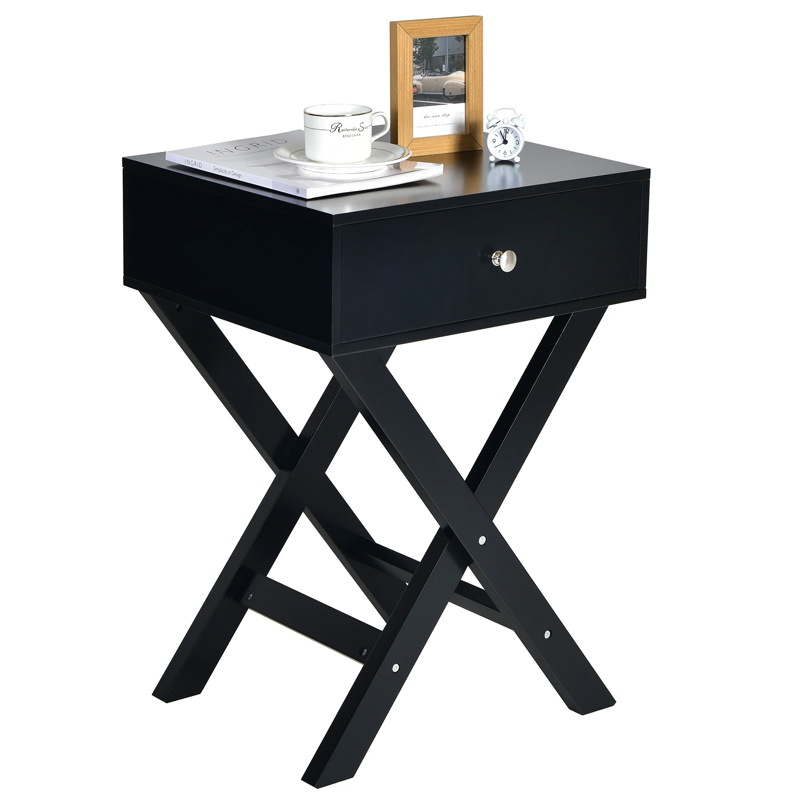 

Nightstand with Drawer X Shaped Structure Accent Sofa Side End Table Black