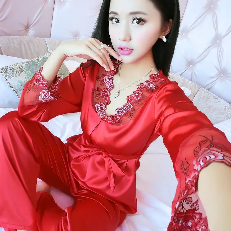 Fashion Women's Pajamas Set Long Sleeve Thin Imitation Silk Summer Autumn Sexy Two Piece Set Korean Cheap Wholesale Lace New